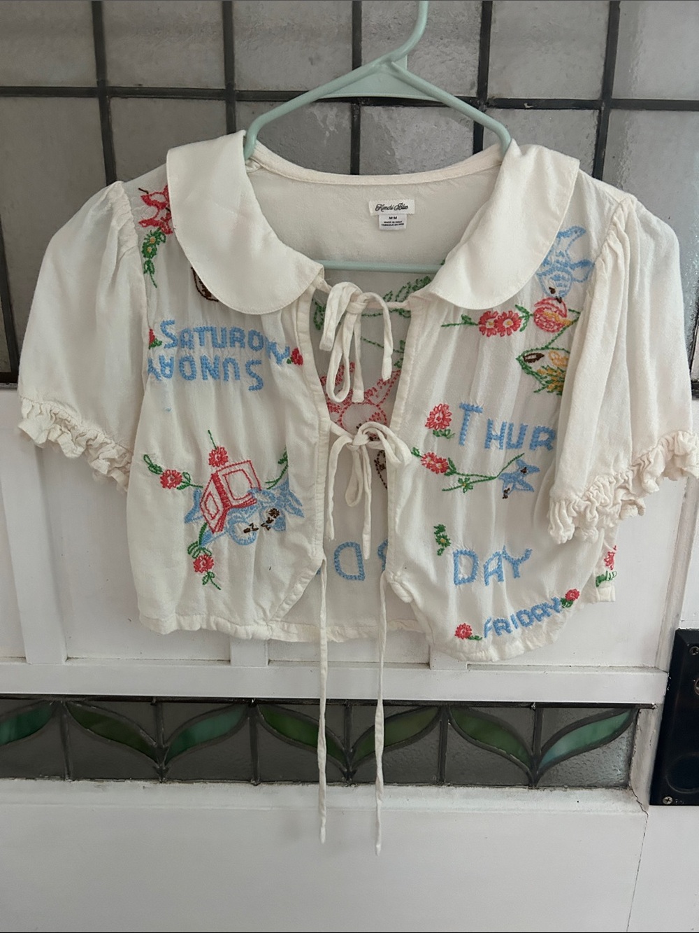 Kimchi Blue Cream Tie-Front Blouse with Green Floral Embroidery
